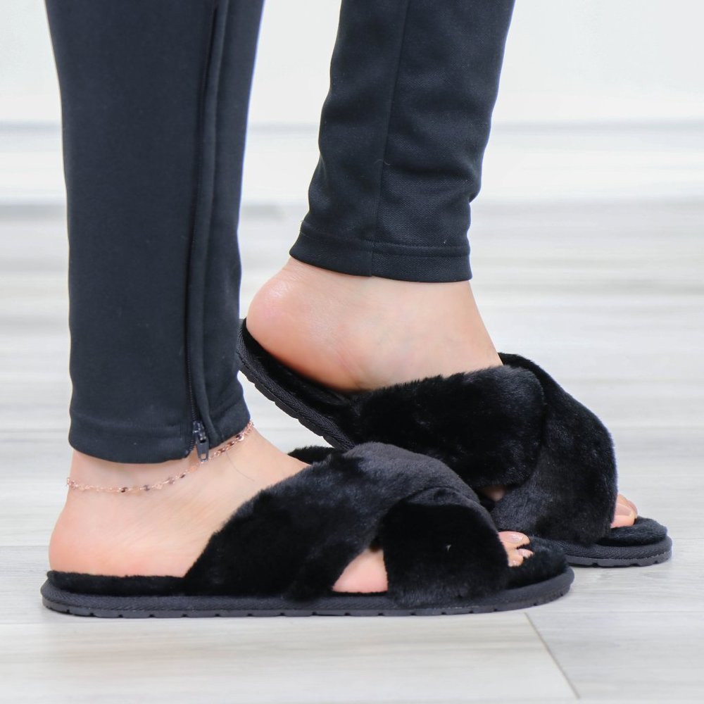 Cross Strap Black Puff Fuzzy Furry Fluffy Slip On Plush Slippers - Picture 7 of 12